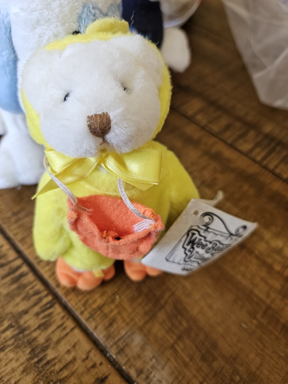 Vintage Wee Bear Village Bear Dressed As Yellow Plush Chick with Orange Pouch